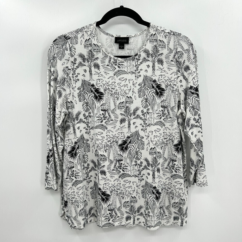 J. JILL Wearever Collection White Black Leaf Floral Print Stretch Top Medium